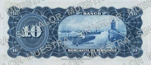 10 pesos, Banco Mercantil de Veracruz (M530), M530s $10 Banco Mercantil de Veracruz specimen, reverso