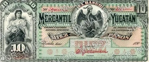 10 pesos, Banco Mercantil de Yucatán (M541), anverso (M541s $10 Banco Mercantil de Yucatán specimen)