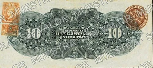 10 pesos, Banco Mercantil de Yucatán needlepunched 'CANCELADO' (M549), M549b $10 Banco Mercantil de Yucatán needlepunched 'CANCELADO', reverso