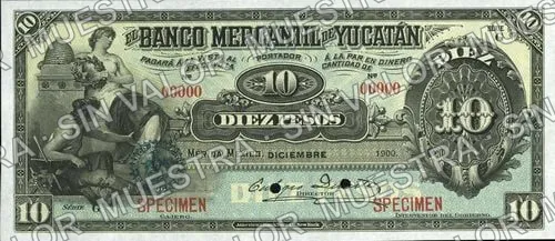 10 pesos, Banco Mercantil de Yucatán needlepunched 'CANCELADO' (M549), anverso (M549s $10 Banco Mercantil de Yucatán specimen)