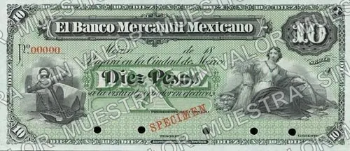 10 pesos, Banco Mercantil Mexicano (M284), anverso (M284s $10 Banco Mercantil Mexicano specimen)
