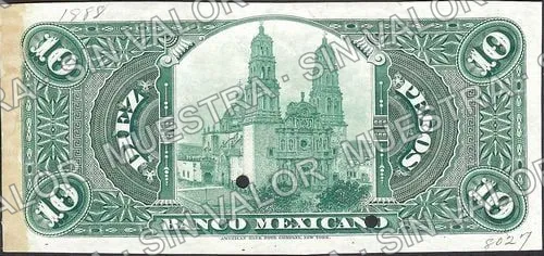10 pesos, Banco Mexicano (M123), M123s $10 Banco Mexicano specimen, reverso