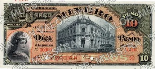 10 pesos, Banco Minero (M134), M134s $10 Banco Minero specimen, anverso