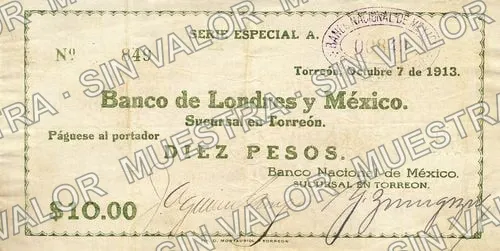 10 pesos, Banco Nacional de México (M1049), anverso (M1049a $10 Banco Nacional de México)