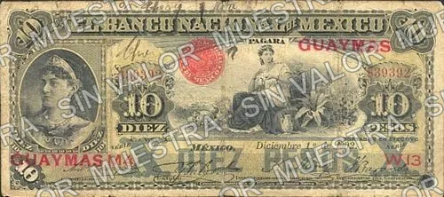 10 pesos, Banco Nacional de México (M299), anverso (M299aa $10 overprinted 'GUAYMAS')