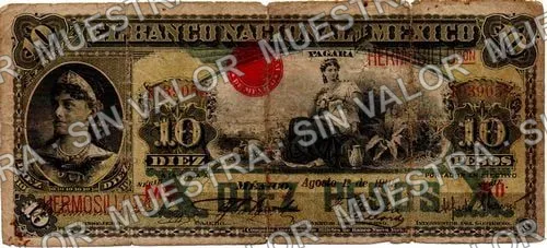 10 pesos, Banco Nacional de México (M299), anverso (M299ab $10 overprinted 'HERMOSILLO')