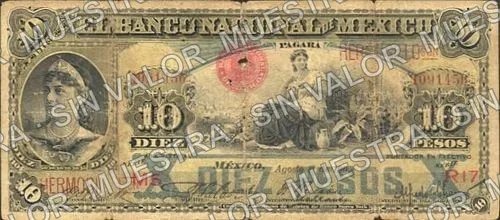10 pesos, Banco Nacional de México (M299), anverso (M299ab $10 overprinted 'HERMOSILLO')