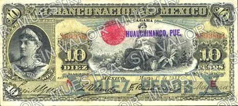 10 pesos, Banco Nacional de México (M299), anverso (M299ac $10 overprinted 'HUACHINANGO, PUE.')