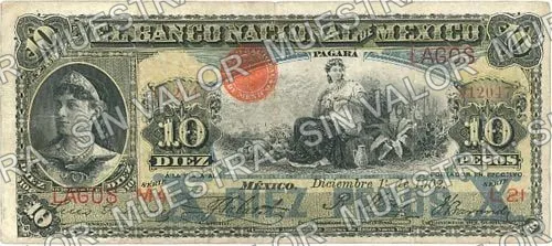 10 pesos, Banco Nacional de México (M299), anverso (M299ae $10 overprinted 'LAGOS')