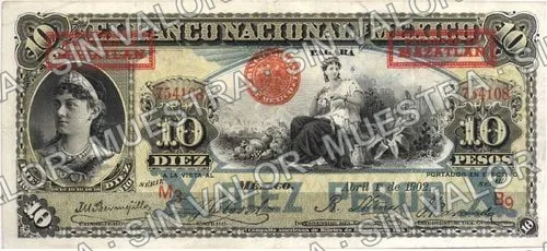 10 pesos, Banco Nacional de México (M299), anverso (M299ah $10 overprinted 'PAGADERO EN MAZATLAN')