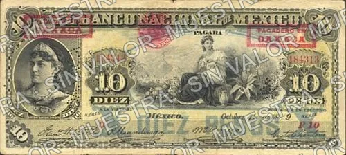 10 pesos, Banco Nacional de México (M299), anverso (M299ao $10 overprinted PAGADERO EN OAXACA' and needlepunched 'OAXACA')