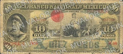 10 pesos, Banco Nacional de México (M299), anverso (M299aq $10 overprinted 'PACHUCA')