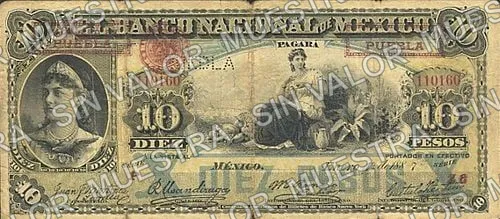 10 pesos, Banco Nacional de México (M299), M299ar $10 overprinted PAGADERO EN PUEBLA' and needlepunched 'PUEBLA', anverso
