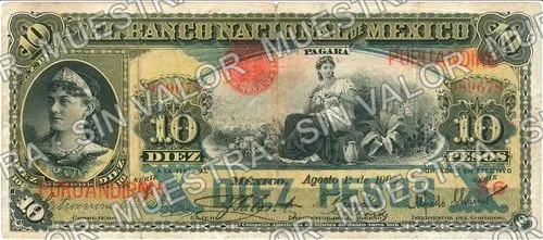 10 pesos, Banco Nacional de México (M299), anverso (M299as1 $10 overprinted 'PURUANDIRO')