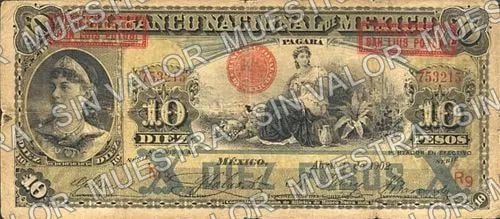 10 pesos, Banco Nacional de México (M299), anverso (M299ax $10 overprinted 'PAGADERO EN SAN LUIS POTOSI')