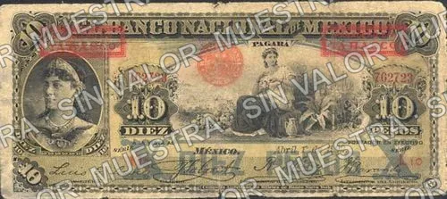 10 pesos, Banco Nacional de México (M299), anverso (M299az $10 overprinted 'PAGADERO EN TABASCO')