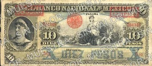 10 pesos, Banco Nacional de México (M299), anverso (M299ba $10 overprinted 'PAGADERO EN TAMPICO')