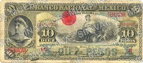 10 pesos, Banco Nacional de México (M299), anverso (M299bc $10 overprinted 'TEHUACAN')