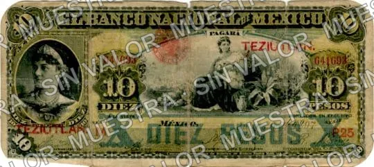 10 pesos, Banco Nacional de México (M299), anverso (M299be $10 overprinted 'TEZIUTLAN')