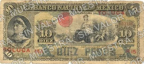10 pesos, Banco Nacional de México (M299), M299bg $10 overprinted 'TOLUCA', anverso