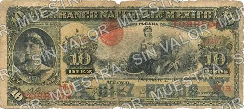 10 pesos, Banco Nacional de México (M299), anverso (M299bh $10 overprinted 'TORREON')