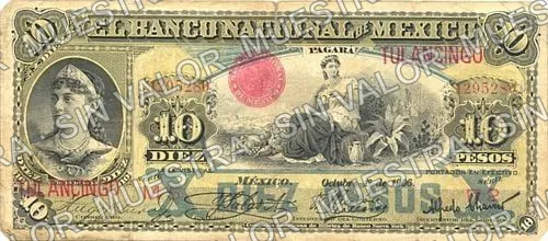 10 pesos, Banco Nacional de México (M299), anverso (M299bi $10 overprinted 'TULANCINGO')