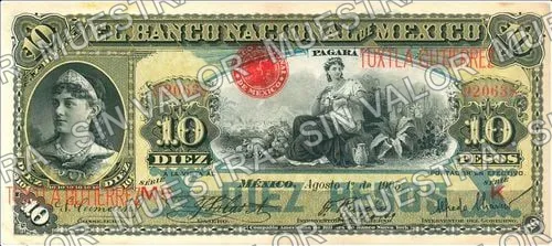 10 pesos, Banco Nacional de México (M299), anverso (M299bj $10 overprinted 'TUXTLA GUTIERREZ')