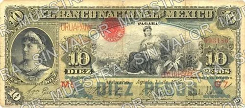 10 pesos, Banco Nacional de México (M299), anverso (M299bk $10 overprinted 'URUAPAN')