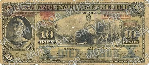 10 pesos, Banco Nacional de México (M299), anverso (M299bl $10 overprinted PAGADERO EN VERA CRUZ' and needlepunched 'VERACRUZ')