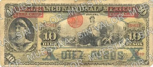 10 pesos, Banco Nacional de México (M299), M299bm $10 overprinted 'PAGADERO EN VERA CRUZ', anverso