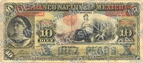 10 pesos, Banco Nacional de México (M299), M299bn $10 overprinted 'PAGADERO EN ZACATECAS', anverso
