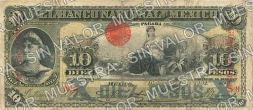 10 pesos, Banco Nacional de México (M299), M299g $10 overprinted 'AGUASCALIENTES', anverso