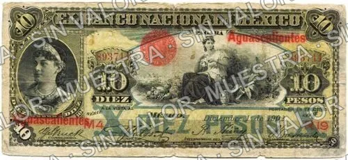 10 pesos, Banco Nacional de México (M299), anverso (M299g $10 overprinted 'Aguascalientes')