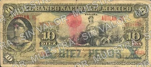 10 pesos, Banco Nacional de México (M299), anverso (M299h $10 overprinted 'AUTLAN, JAL')