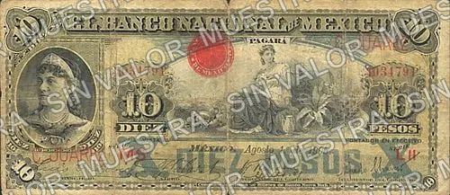 10 pesos, Banco Nacional de México (M299), anverso (M299k $10 overprinted 'C. JUAREZ')