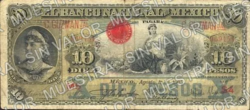 10 pesos, Banco Nacional de México (M299), M299k $10 overprinted 'C. GUZMAN JAL', anverso