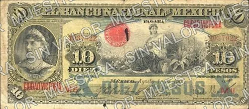 10 pesos, Banco Nacional de México (M299), M299m $10 overprinted 'CIUDAD VICTORIA', anverso