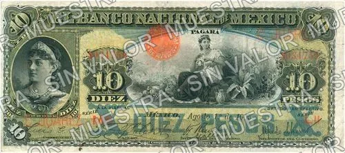 10 pesos, Banco Nacional de México (M299), anverso (M299n $10 overprinted 'C. JUAREZ')
