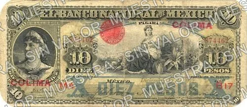 10 pesos, Banco Nacional de México (M299), M299q $10 overprinted 'COLIMA', anverso