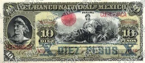 10 pesos, Banco Nacional de México (M299), M299u $10 overprinted 'CUERNAVACA', anverso