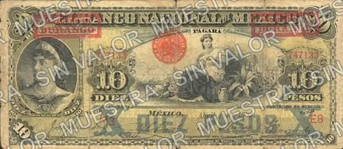 10 pesos, Banco Nacional de México (M299), M299v $10 overprinted 'PAGADERO EN DURANGO', anverso