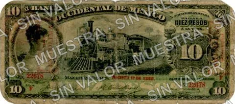 10 pesos, Banco Occidental de México (M496), M496d $10 overprinted 'PAGADERO EN COLIMA', anverso