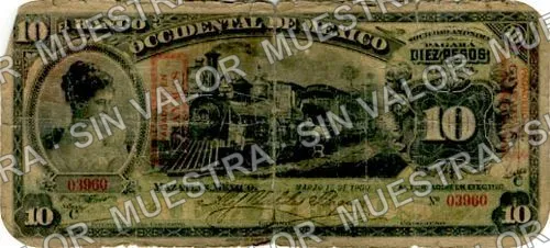 10 pesos, Banco Occidental de México (M496), anverso (M496e $10 overprinted 'PAGADERO EN GUAYMAS')