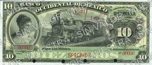 10 pesos, Banco Occidental de México (M496), anverso (M496s $10 Banco Occidental de México specimen)
