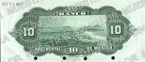 10 pesos, Banco Occidental de México (M496), reverso (M496s $10 Banco Occidental de México specimen)