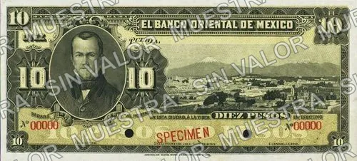 10 pesos, Banco Oriental de México (M461), M461s $10 Banco Oriental de México specimen, anverso