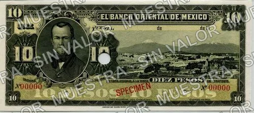 10 pesos, Banco Oriental de México (M461), M461s $10 Banco Oriental de México specimen, anverso