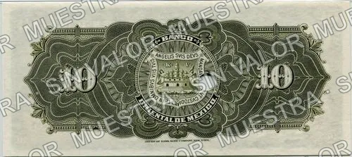 10 pesos, Banco Oriental de México (M461), M461s $10 Banco Oriental de México specimen, reverso