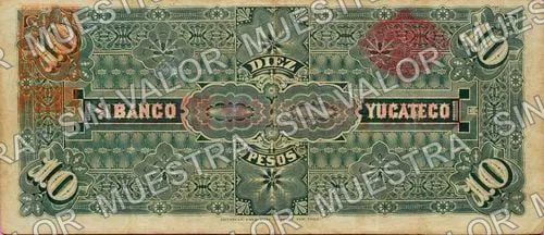 10 pesos, Banco Peninsular Mexicano (M555), M555a $10 Banco Peninsular Mexicano, reverso