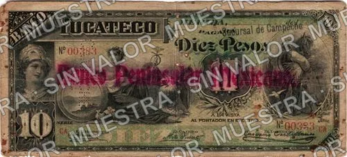 10 pesos, Banco Peninsular Mexicano (M555), M555c $10 stamped 'Sucursal de Campeche' and needlepunched 'CAMPECHE', anverso
